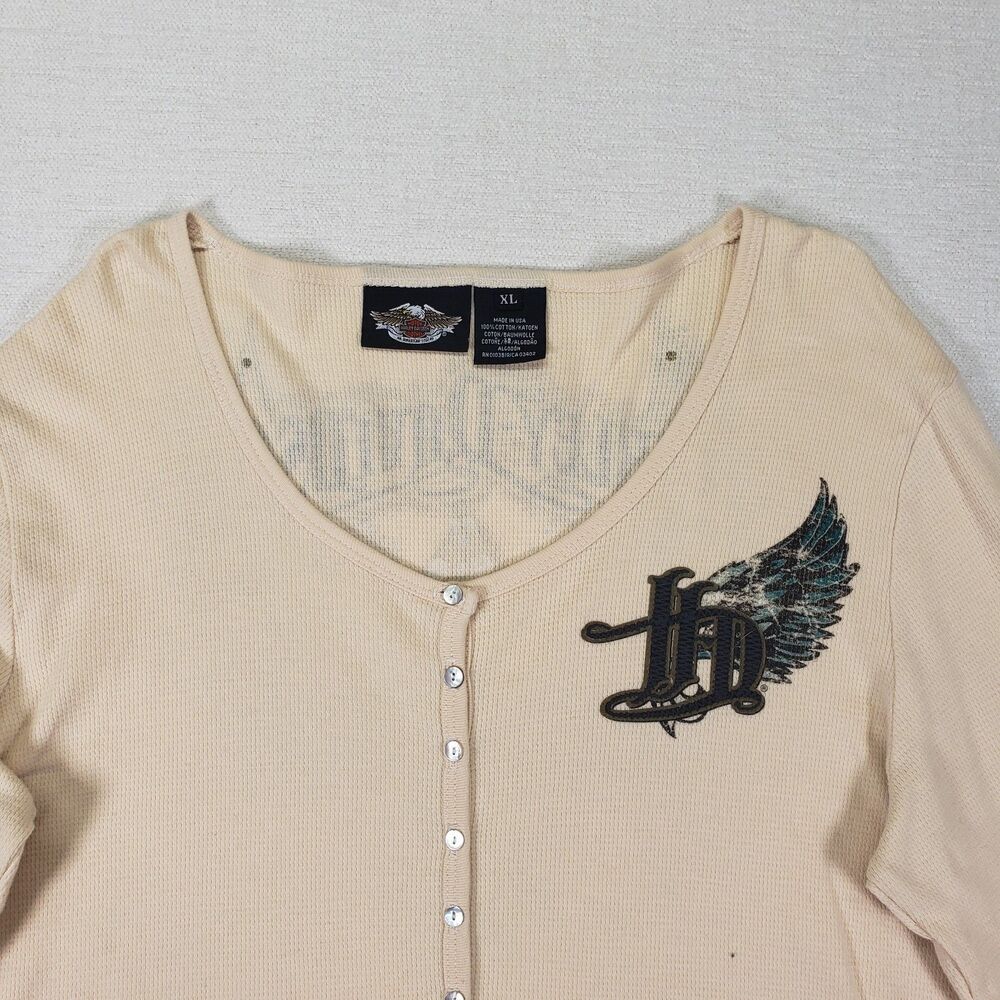 Harley Davidson Womens XL Henley Long Sleeve Shirt Thermal Winged Cream Y2K USA